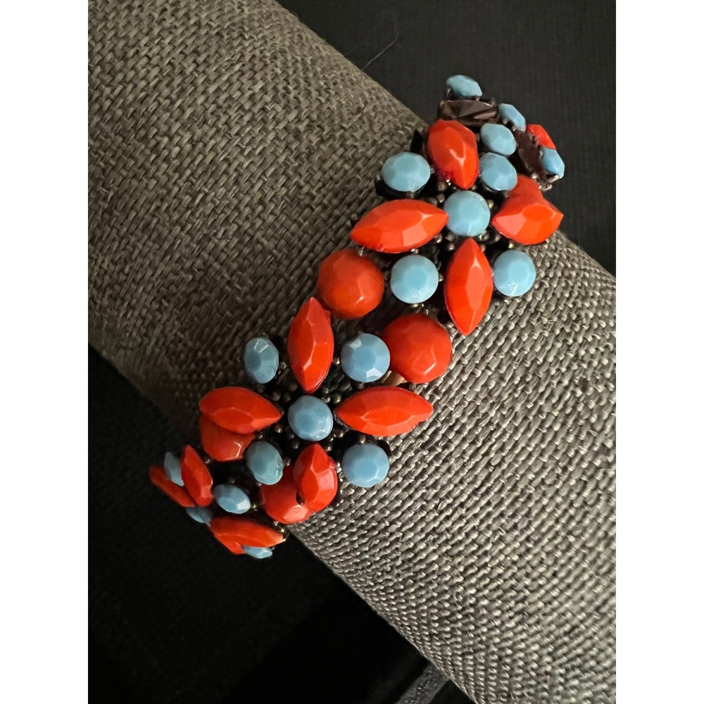 Vintage Stretch Beaded Bracelet Orange Blue Floral Mod Kitsch